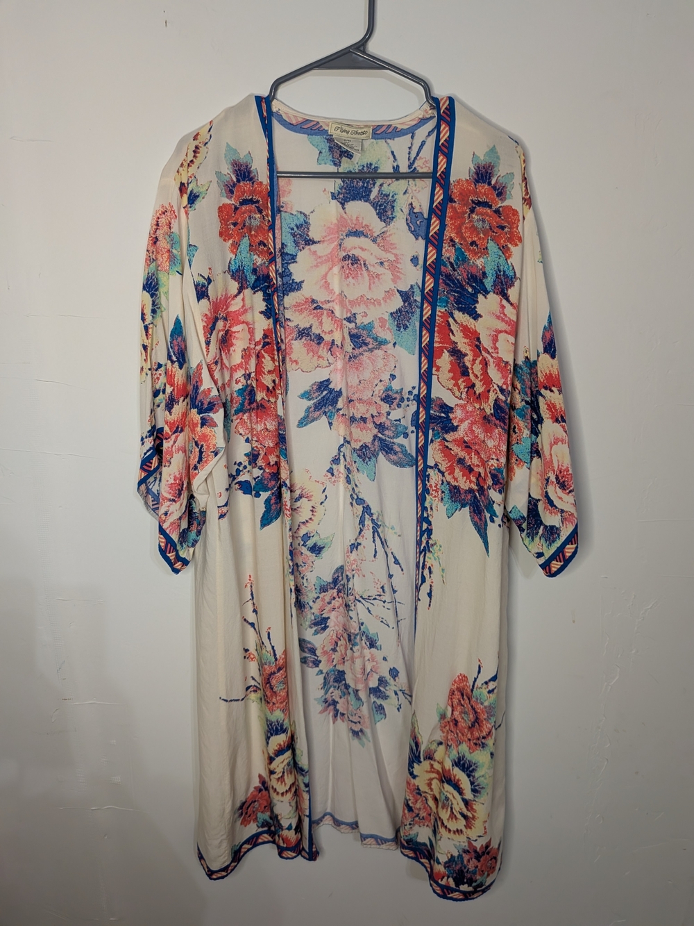 Flying Tomato Cream Floral Kimono with Coral and Blue Accents